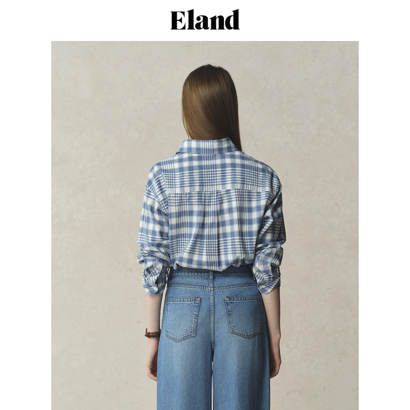 【30%亚麻】Eland衣恋衬衫女学院风宽松格纹通勤上衣2025春季