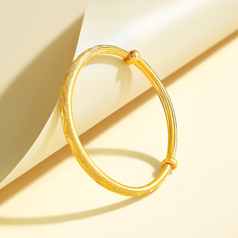 梦金园黄金推拉手镯女足金闪耀车花龙凤素圈镯子