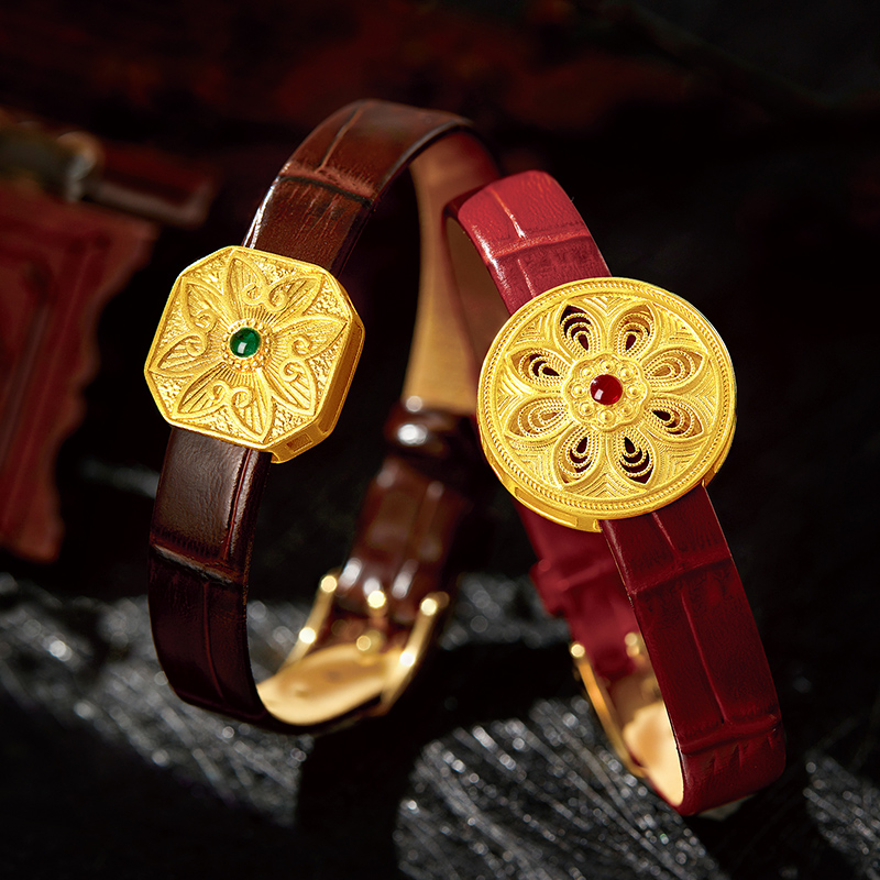 梦金园美拉德复古表带荷花黄金转运珠表盘手表足金手链国潮