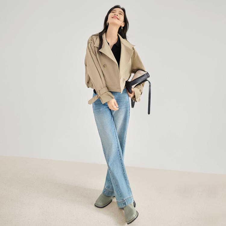 春秋装商务通勤个性工装风后腰收褶女式翻领短款风衣外套