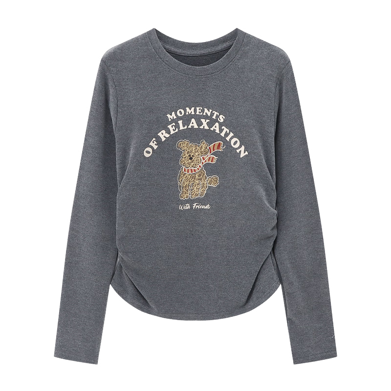 Basic House/百家好韩版小熊印花T恤秋冬褶皱收腰设计感白色上衣 灰色