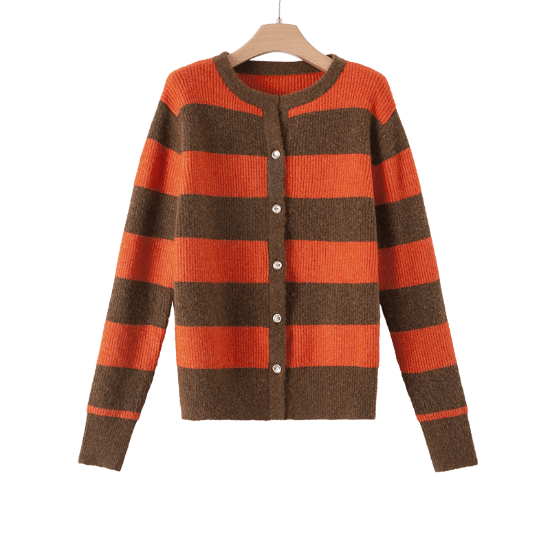 晚白2025年春款时尚简约休闲毛衣开衫条纹撞色含羊毛针织衫女