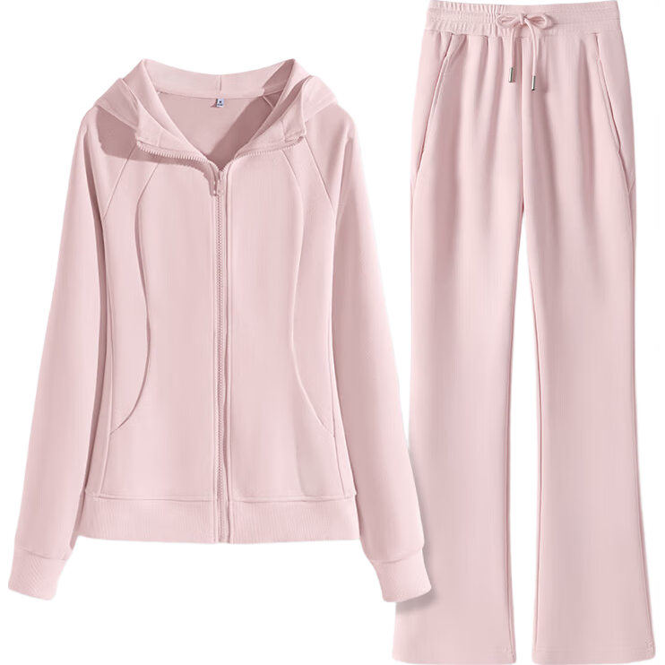 MJ STYLE2025春季新款休闲慵懒套装连帽修身开衫高腰阔腿裤长裤搭配两件装