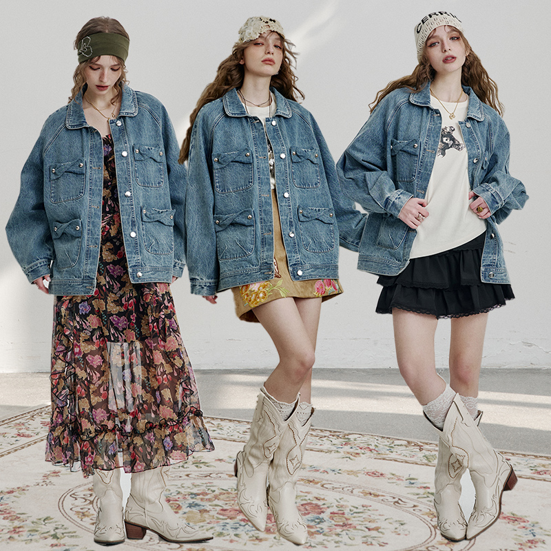 妖精的口袋复古蓝色牛仔外套女2025早春扭结口袋设计减龄上衣