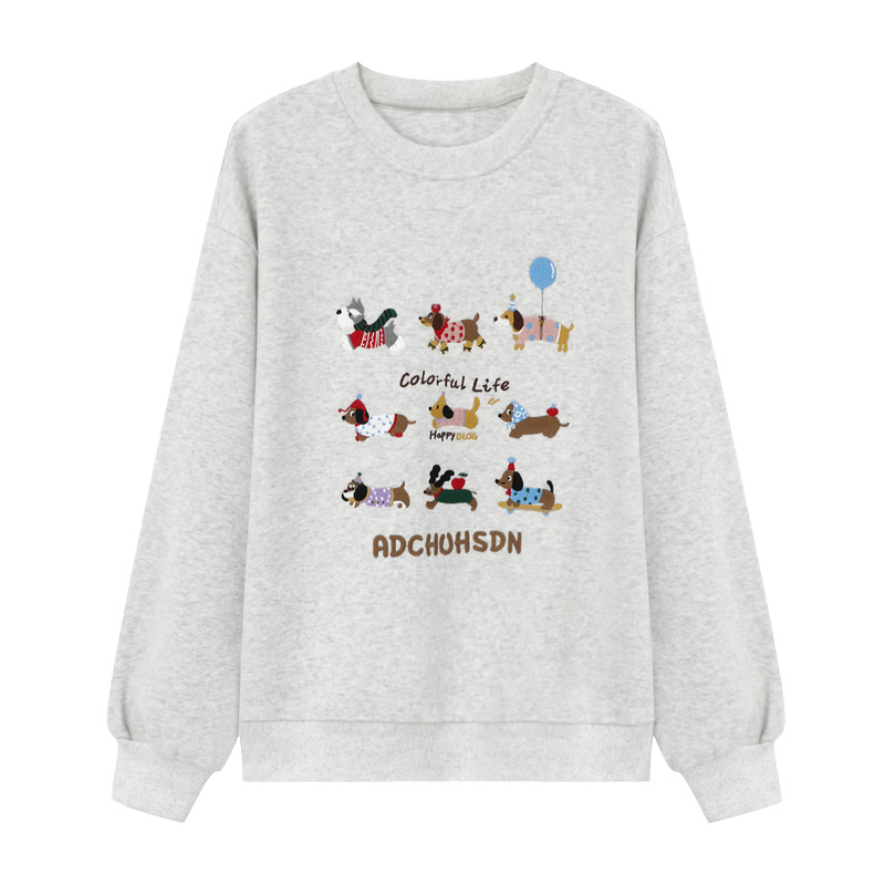 Basic House/百家好腊肠狗刺绣卫衣秋宽松圆领落肩袖套头上衣2025   90-140斤