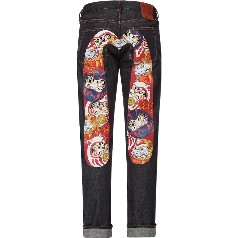 EVISU 神社伙伴达摩图案大M印花直筒修身剪裁牛仔裤男款