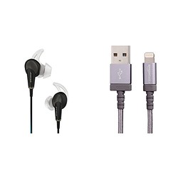 Bose QC20有源消噪耳机-For Apple-黑色+亚马逊倍思 MFi认证的涤纶编织型Lightning兼容性电缆USB A数据线- 深灰色(6英尺/1.8米)