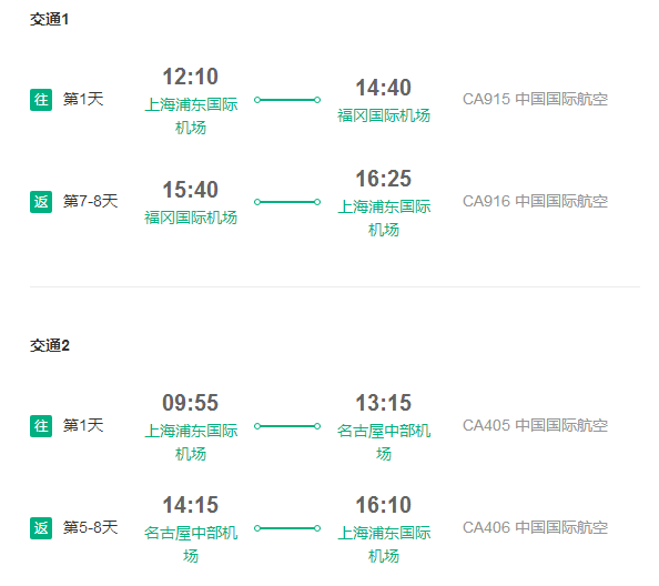 中国国航 上海直飞东京/大阪/名古屋/福冈3-14天往返含税