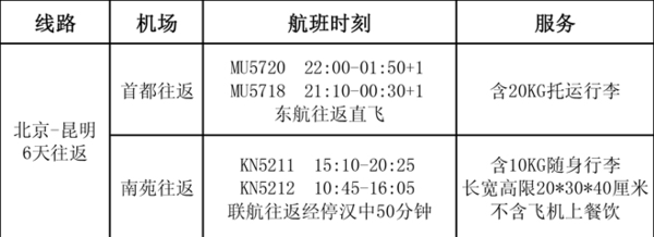 多家航司 北京直飞昆明6天往返含税