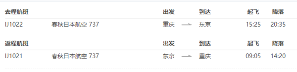 春秋航空 重庆直飞东京6天往返含税