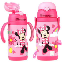 迪士尼(DISNEY)婴儿童吸管水杯 宝宝不锈钢双柄便携学饮水壶（两用）350ML米妮粉+凑单品