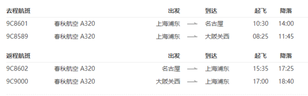春秋航空 上海-名古屋/大阪6-8天往返含税机票