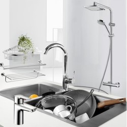 Hansgrohe 汉斯格雅 柯洛梅达240mm恒温花洒+台下空气注入龙头+卫浴五金三件套+瓦丽娅手工双槽套装（含龙头）