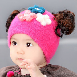 婴儿假发帽子 冬季保暖韩版0-3-6个月花朵公主帽秋冬套头宝宝帽女