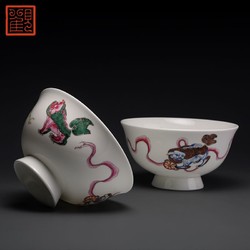 观复博物馆事事如意三狮碗2只装 景德镇骨质瓷4寸面碗汤碗对碗