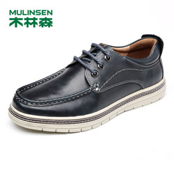 木林森（MULINSEN）潮流男鞋帆船鞋 日常休闲时尚单鞋简约车缝线休闲板鞋 黑蓝 42码 SL77317