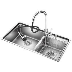 欧琳Oulin不锈钢水槽+抽拉龙头套餐 优质304不锈钢厨房水槽双槽洗菜盆OLWGJ003