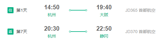 杭州-日本大阪+静冈7日往返含税机票