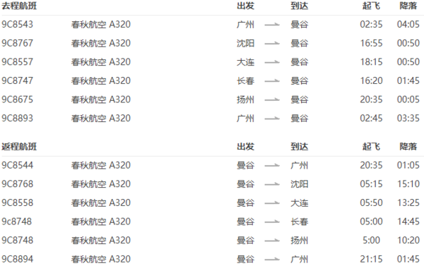 全国多地直飞曼谷 6-8天往返含税机票