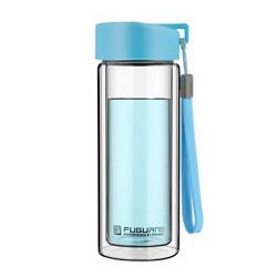 富光 耐热防烫便携提手水杯 男女士时尚 透明双层玻璃杯 天蓝色 280ml （G1311-280）