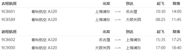 春秋航空 上海-日本大阪/名古屋5-7天往返含税