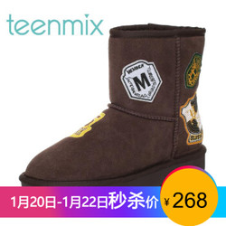 Teenmix/天美意2017冬牛剖层皮徽章雪地靴女短靴(仿毛里)56501DD7 深棕色仿毛里 37