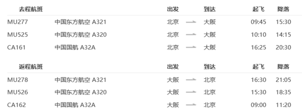 国航/东航 北京-日本大阪4-30天往返含税