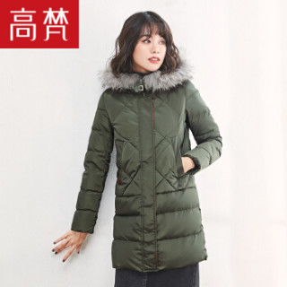 高梵2017新款貉子毛领连帽羽绒服女中长款韩国修身显瘦秋冬女装加厚外套 G1166036 军绿A 155/S