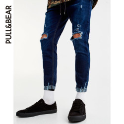 PullAndBear 2017秋冬 男士 紧身版剪洞牛仔裤