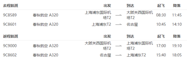 春秋航空 上海-日本大阪/名古屋5天往返含税