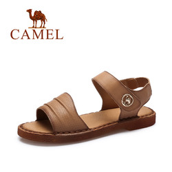 Camel/骆驼女鞋 简约舒适 腕带魔术贴水染牛皮平底休闲凉鞋