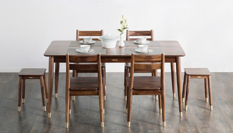 铜师傅 安格尔 黑胡桃原木餐桌椅套装 (1.4米桌