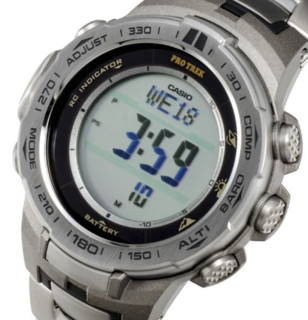 CASIO 卡西欧 PRO TREK系列 PRW-3100T-7 男士太阳能手表 47.1mm 灰盘 银色钛金属表带 圆形