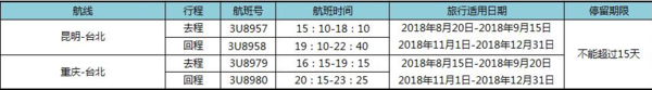 四川航空 昆明/重庆-台北往返含税机票