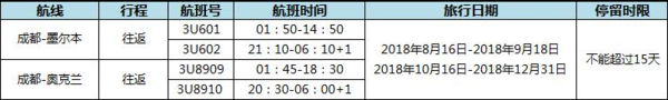 特价机票：成都-澳大利亚墨尔本/奥克兰1-15天往返含税机票 