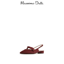 Massimo Dutti 11413021022 女鞋 羽饰酒红色真皮露跟芭蕾鞋