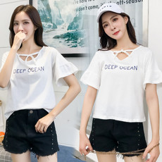 温婉同款韩版夏季荷叶袖T恤
