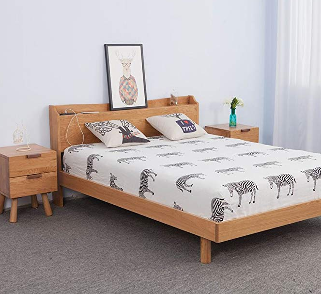 百伽 北欧现代简约白橡木款实木床1.8米床 床头柜*2个