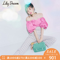 Lily Brown2018春夏新品 复古休闲格纹高腰微喇裤LWFP182017