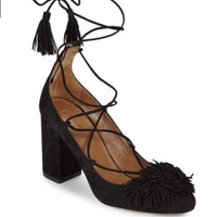AQUAZZURA Fringe Ankle-Strap Leather Pump 女士高跟绑带凉鞋