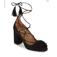 AQUAZZURA Fringe Ankle-Strap Leather Pump 女士高跟绑带凉鞋