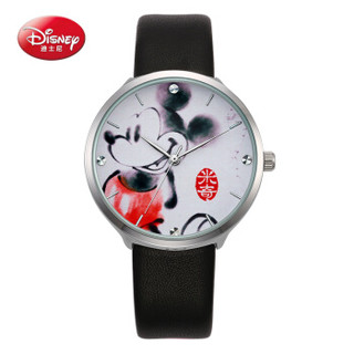 Disney 迪士尼 MK-11067B 女士可爱时尚石英表（黑色）米奇大表盘 皮质表带 防水