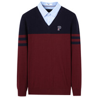 Semir 森马 14316071008 男士假两件衬衫领套头毛衣 蓝红色调 M