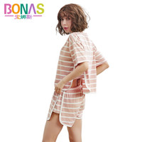 宝娜斯睡衣女夏季棉短袖宽松条纹套头时尚家居服套装 粉色 XL