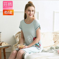 芬腾 睡衣女2018季家居服睡裙女士睡衣针织棉质可爱卡通圆领套头睡衣睡裙浅兰J98922313