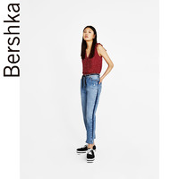 Bershka 00744666605 女士波点V领衬衫 酒红色 M