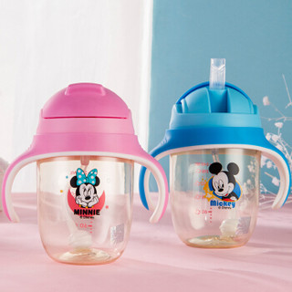 迪士尼（Disney）宝宝学饮杯吸管杯 儿童水杯婴儿防漏背带手柄两用水壶 PPSU蓝色米奇240ml