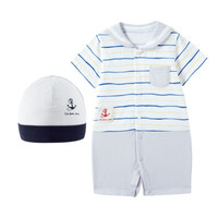 PurCotton 全棉时代 2000253201 婴儿衣服婴儿针织海军领短袖连体衣+帽子 66/44(建议3-6个月) 灰色波浪