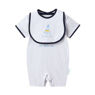 PurCotton 全棉时代 2000206502 婴儿针织短袖连体衣+口水兜 59/44(建议0-3个月) 灰色 2件装