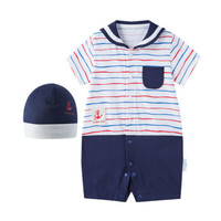 PurCotton 全棉时代 2000253202 婴儿针织海军领短袖连体衣+帽子 73/48(建议6-12个月) 红色波浪